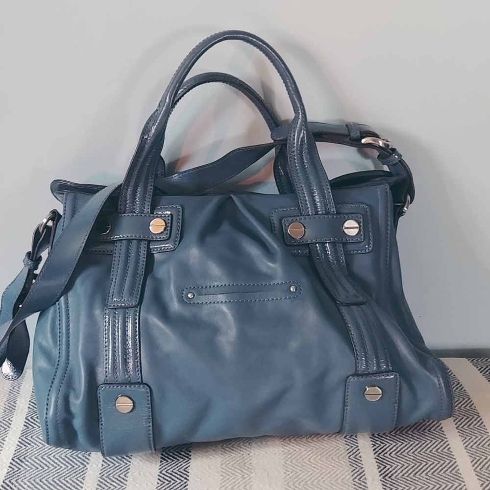 B. Makowsky Blue Leather Satchel Bag - Picture 4 of 8